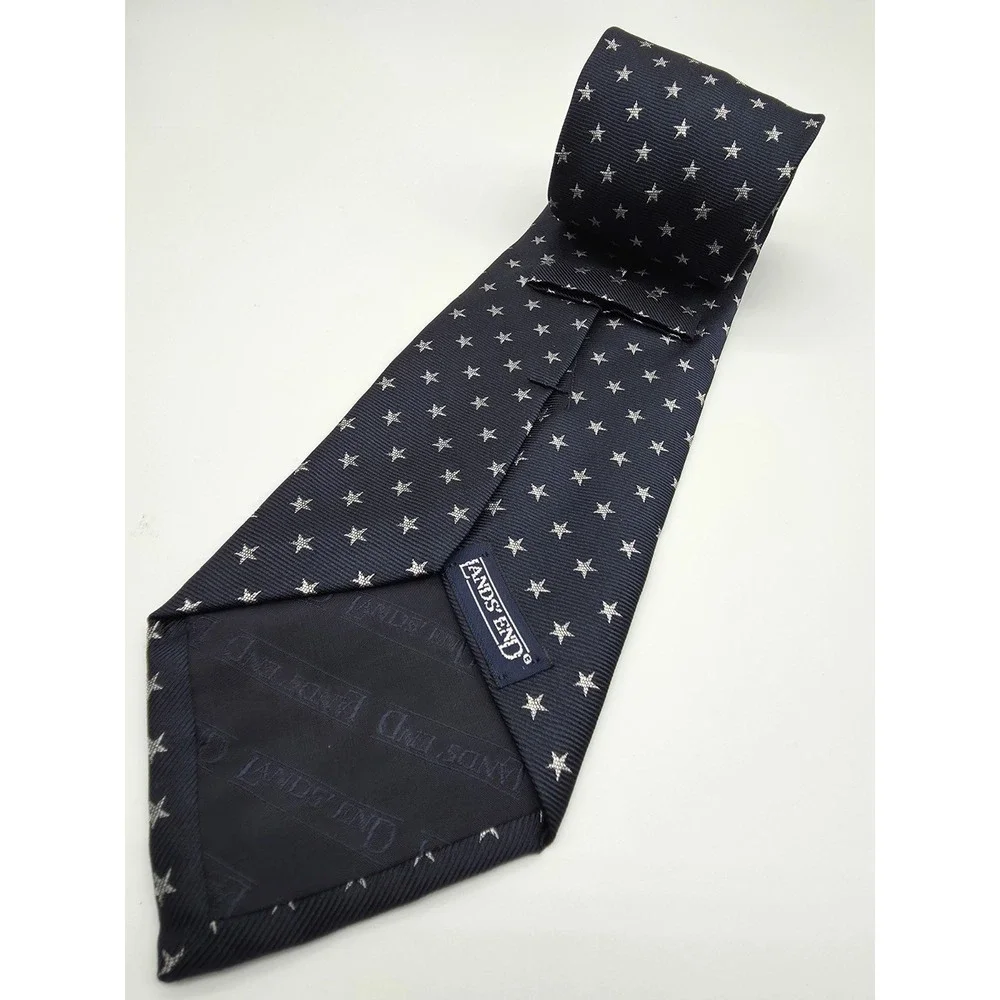 Lands' End Hand Sewn Vintage 100% Silk Neck Tie Blue Silver Stars 58
